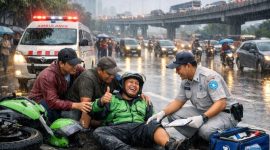Ilustrasi Driver ojek senang meski kecelakaan kareba ada jaminan kecelakan kerja (Ilustrasi dibikn ai -rentak.id)