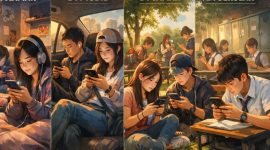 Ilustrasi G-Z dimana-mana menggunakan internet di handponenya. (ilusrasi ai-rentak.id)