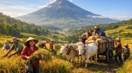 Ilustrasi petani sedang panen padi di sawah membantu swasembada pangan (ilustrasi ai - rentak.id)