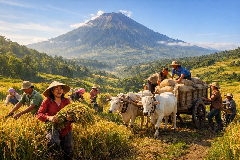 Ilustrasi petani sedang panen padi di sawah membantu swasembada pangan (ilustrasi ai - rentak.id)
