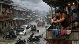 Ilustrasi susana hujan dan banjir di perkampungan Jakarta (ilustreasi dibikin ai - rentak.id)