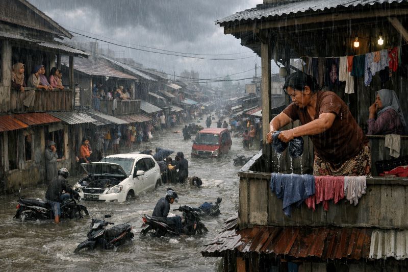Ilustrasi susana hujan dan banjir di perkampungan Jakarta (ilustreasi dibikin ai - rentak.id)