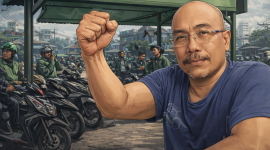 Ilustrasi Azas Tigor Nainggolan bersama ojek pangkalan (ilustrasi dibikin ai -rentak.id)