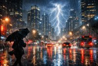 Ilustrasi hujan petir di kota Jakarta (dikin oleh ai -rentak.id)