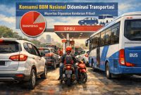Transportasi umum dan kenderaan pribadi antri di SPBU (ilustrasi dibikin oleh ai -rentak.id)