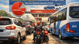 Transportasi umum dan kenderaan pribadi antri di SPBU (ilustrasi dibikin oleh ai -rentak.id)
