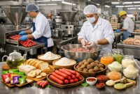 Ilustrasi prodak makanan bakso atau sosis sedang diolah (ilustrasi dibikin ai- rentak.id)