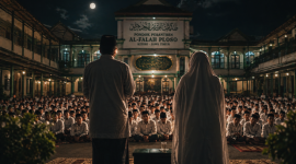 Istri kiyai yang sedang menampingi suaminya (dibikin oleh ai-rentak.id)