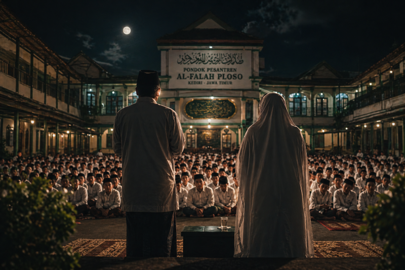 Istri kiyai yang sedang menampingi suaminya (dibikin oleh ai-rentak.id)