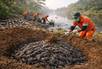 ilustrasi petugas sedang mengubur ikan sapu-sapu di tepai kalin (ilustrasidibikin ai- rentak.id)