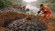 ilustrasi petugas sedang mengubur ikan sapu-sapu di tepai kalin (ilustrasidibikin ai- rentak.id)