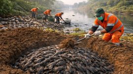 ilustrasi petugas sedang mengubur ikan sapu-sapu di tepai kalin (ilustrasidibikin ai- rentak.id)