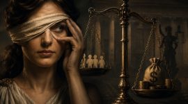 Ilustrasi timbangan hukum (dibikin ai -rentak.id)