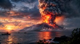 Ilustrasi erupsi anak gunung Karakatau (dibikin oleh ai - rentak.id)
