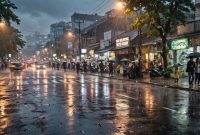 Suasana hujan  ringan di trotoar jalan (dibikin ai - rentak.id)