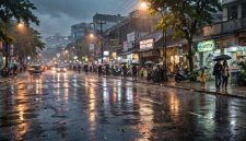 Suasana hujan ringan di trotoar jalan (dibikin ai - rentak.id)