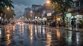 Suasana hujan  ringan di trotoar jalan (dibikin ai - rentak.id)