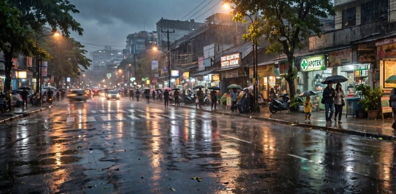 Suasana hujan  ringan di trotoar jalan (dibikin ai - rentak.id)