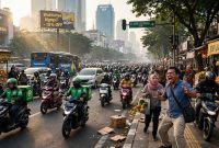 Ilustrasi susana jalanan Jakarta dikusai sepeda motor. (ilustrasi dibikin oleh ai - rentak.id)