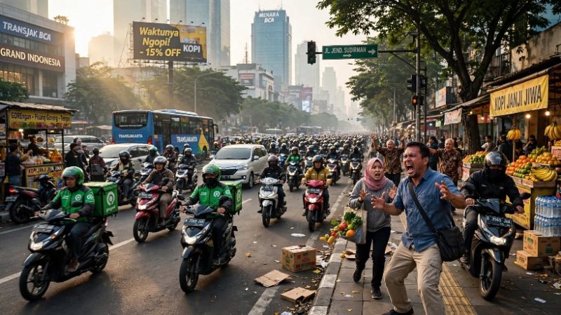 Ilustrasi susana jalanan Jakarta dikusai sepeda motor. (ilustrasi dibikin oleh ai - rentak.id)