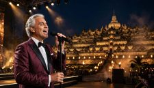 Andrea Bocelli bernyanyi dengan latar Candi Borobudur (ilustrasi dibikin ai-rentak.id)