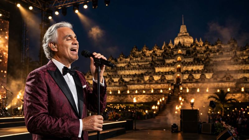Andrea Bocelli bernyanyi dengan latar Candi Borobudur (ilustrasi dibikin ai-rentak.id)
