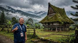 H. Amsyal di depan rumah adat Karo (Ilustrasi dibik aii - rentak.id).