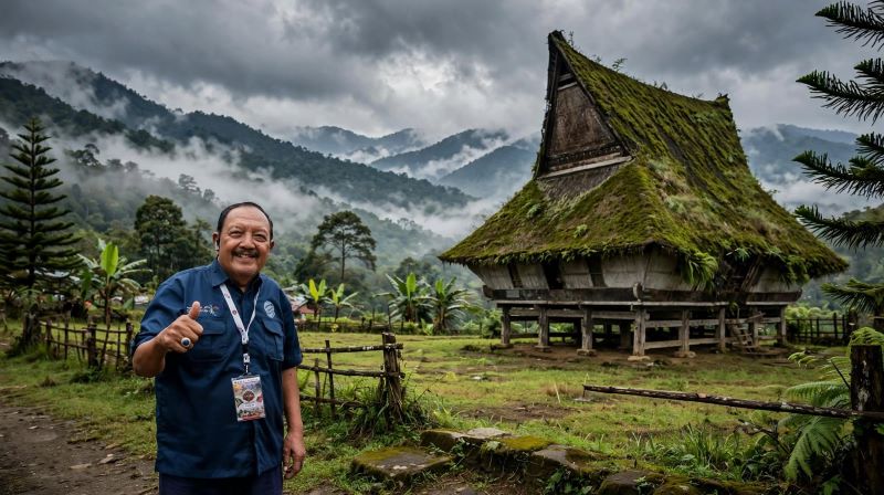 H. Amsyal di depan rumah adat Karo (Ilustrasi dibik aii - rentak.id).