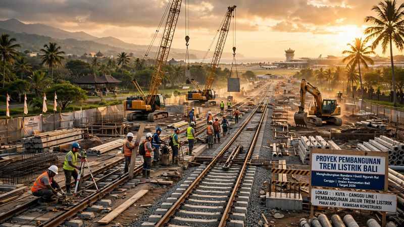 Ilustrasi pembangunan trem listrik yang menghubungkan Bandara Internasional I Gusti Ngurah Rai hingga Canggu (ilustrasi dibikin ai)