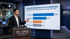Direktur Eksekutif IPO Dedi Kurnia Syah Putra  sedang memaparkan hasil survei ((foto. rentak.id -dibikin oleh ai)