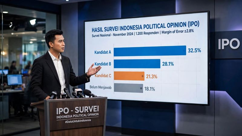 Direktur Eksekutif IPO Dedi Kurnia Syah Putra  sedang memaparkan hasil survei ((foto. rentak.id -dibikin oleh ai)