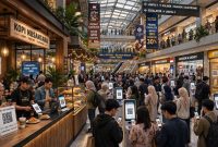 Susana cafe yang ramai menggunakan QR Code sebagai alat transaksi (ilustrasi dibikin ai - rentak.id)
