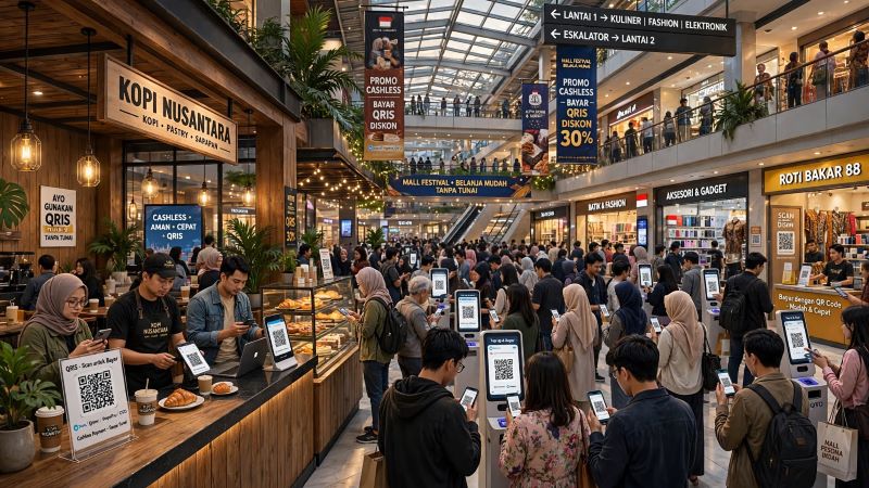 Susana cafe yang ramai menggunakan QR Code sebagai alat transaksi (ilustrasi dibikin ai - rentak.id)